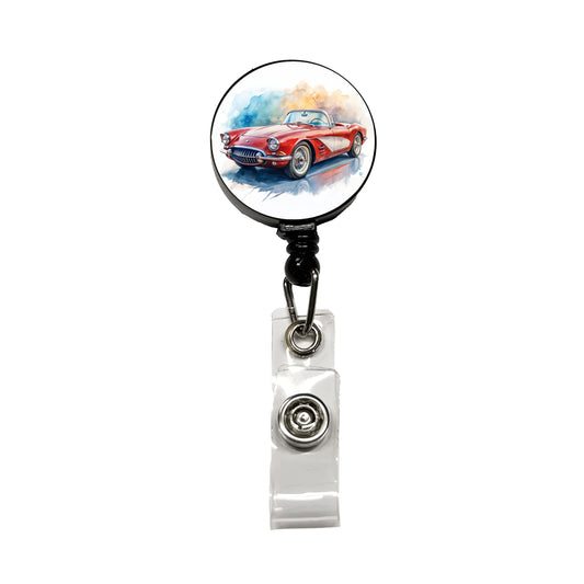 Classic Vintage Red White Sports Car Watercolor Retractable ID Key Card Name Tag Badge Holder with Clip