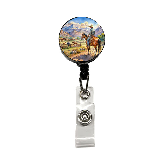 Cowboys Western Ranch Scene Watercolor Retractable ID Key Card Name Tag Badge Holder with Clip