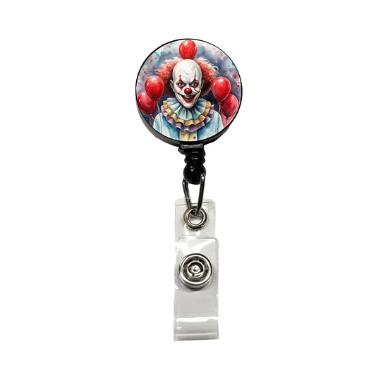 Creepy Scary Evil Clown With Red Balloons Watercolor Retractable ID Key Card Name Tag Badge Holder with Clip