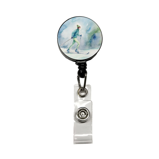 Cross Country Skiing Watercolor Retractable ID Key Card Name Tag Badge Holder with Clip