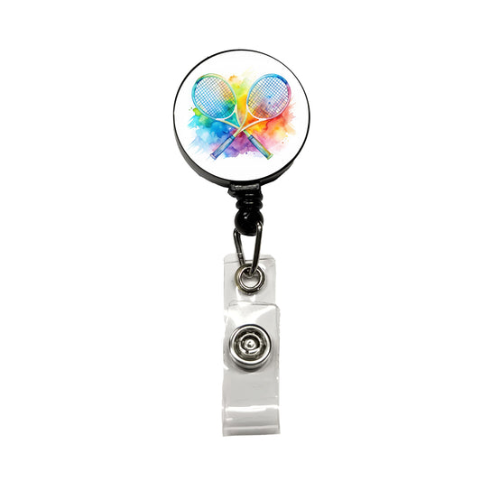 Crossed Tennis Rackets Watercolor Retractable ID Key Card Name Tag Badge Holder with Clip