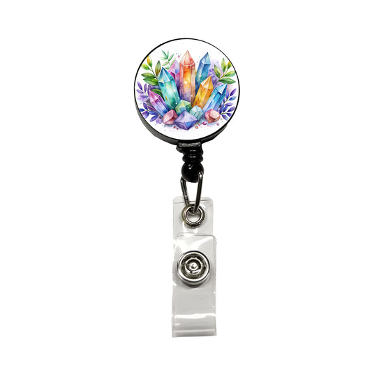 Crystal Geodes Mystical Healing Protection Watercolor Retractable ID Key Card Name Tag Badge Holder with Clip