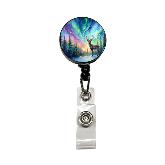 Deer And Northern Lights Watercolor Retractable ID Key Card Name Tag Badge Holder with Clip