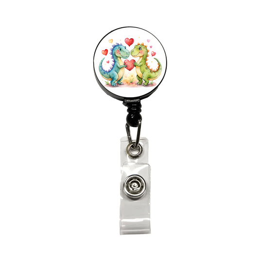 Dinosaurs In Love With Hearts Valentine's Day Retractable ID Key Card Name Tag Badge Holder with Clip