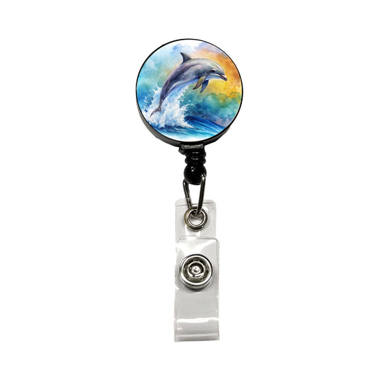 Dolphin Jumping In Ocean Watercolor Retractable ID Key Card Name Tag Badge Holder with Clip