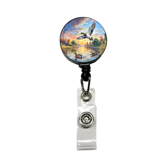Ducks Flying At Sunrise Hunting Watercolor Retractable ID Key Card Name Tag Badge Holder with Clip