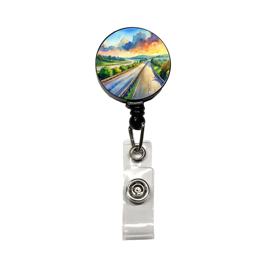 Empty Highway Stretching Into The Distance Watercolor Retractable ID Key Card Name Tag Badge Holder with Clip