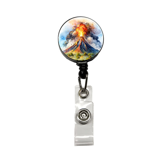Erupting Volcano Watercolor Retractable ID Key Card Name Tag Badge Holder with Clip