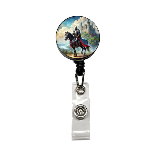 Fantasy Black Knight Astride Horse Outside Castle Watercolor Retractable ID Key Card Name Tag Badge Holder with Clip