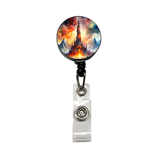 Fantasy Evil Dark Castle Watercolor Retractable ID Key Card Name Tag Badge Holder with Clip
