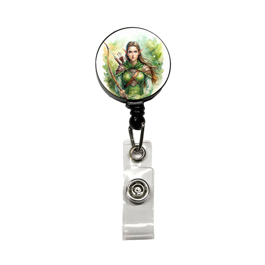 Fantasy Female Elven Ranger Watercolor Retractable ID Key Card Name Tag Badge Holder with Clip