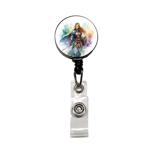 Fantasy Female Fighter Sword Shield-maiden Watercolor Retractable ID Key Card Name Tag Badge Holder with Clip