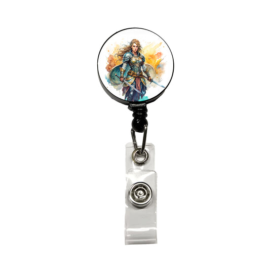 Fantasy Female Fighter Warrior Shield-maiden Watercolor Retractable ID Key Card Name Tag Badge Holder with Clip