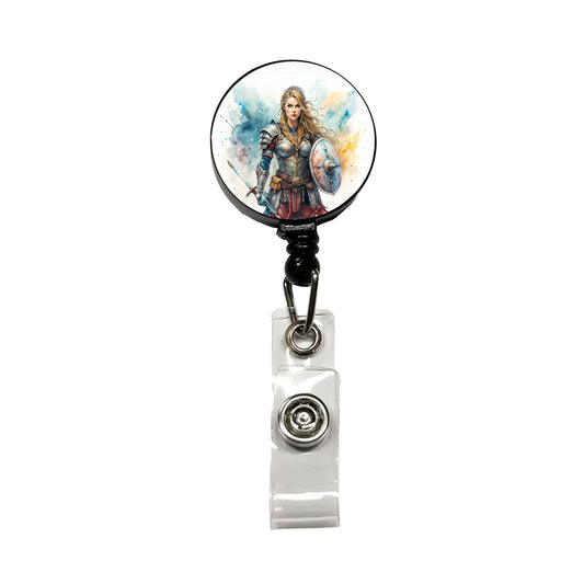 Fantasy Female Warrior Knight Watercolor Retractable ID Key Card Name Tag Badge Holder with Clip
