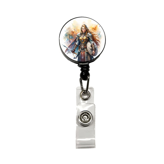 Fantasy Female Warrior Paladin Watercolor Retractable ID Key Card Name Tag Badge Holder with Clip