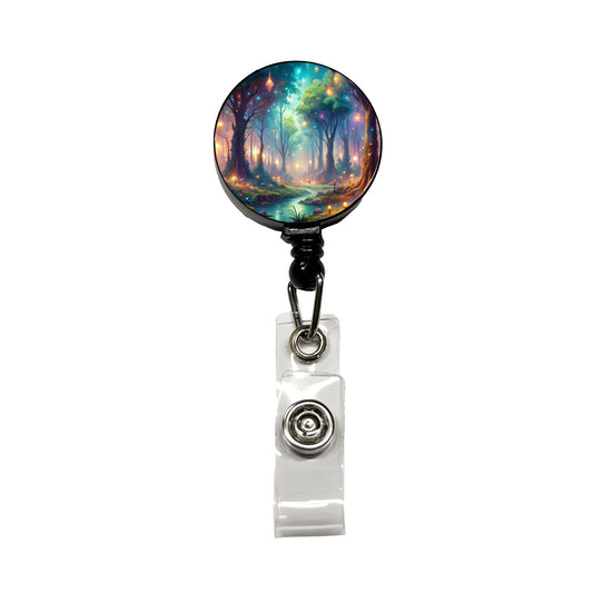 Fantasy Forest With Glowing Sprites Fae Spirits Watercolor Retractable ID Key Card Name Tag Badge Holder with Clip