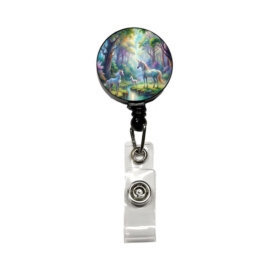 Fantasy Forest With Magical Unicorns Watercolor Retractable ID Key Card Name Tag Badge Holder with Clip