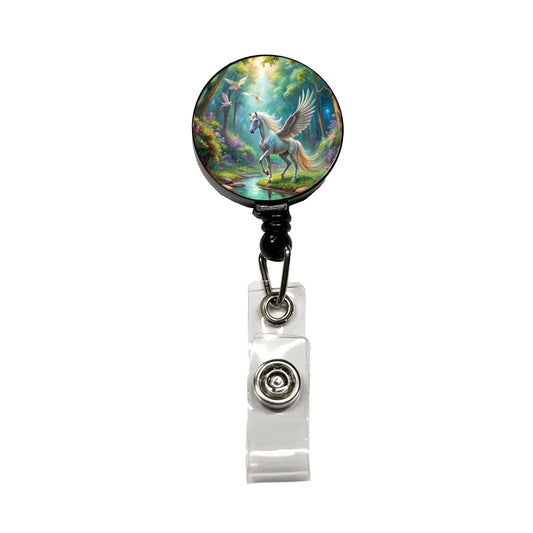 Fantasy Forest With Pegasus Winged-stallion Watercolor Retractable ID Key Card Name Tag Badge Holder with Clip