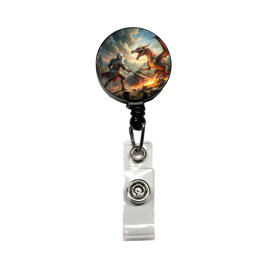Fantasy Knight Fighting A Fire-breathing Dragon Retractable ID Key Card Name Tag Badge Holder with Clip