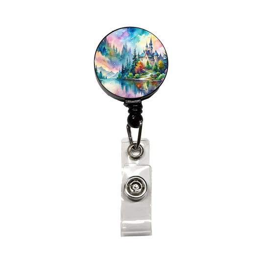 Fantasy Lake And Castle Scene Watercolor Retractable ID Key Card Name Tag Badge Holder with Clip