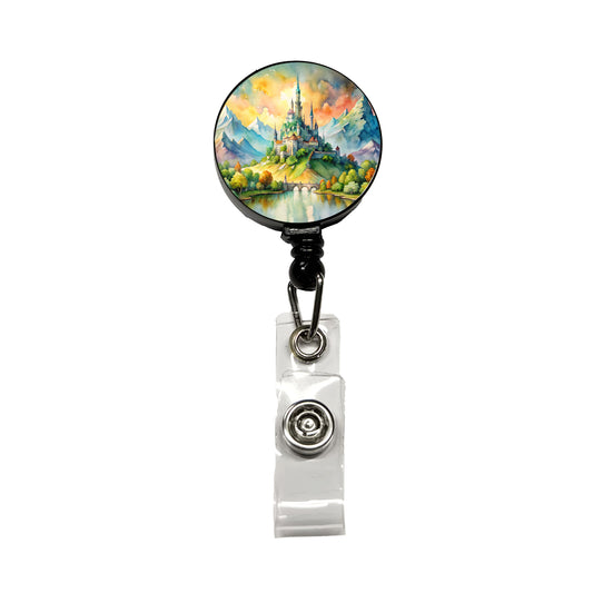 Fantasy Magical Castle On A Hill Watercolor Retractable ID Key Card Name Tag Badge Holder with Clip