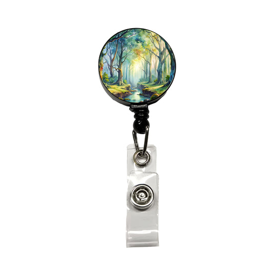 Fantasy Misty Forest Stream And Trees Watercolor Retractable ID Key Card Name Tag Badge Holder with Clip