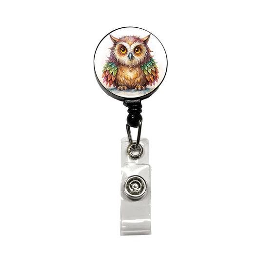 Fantasy Owlbear Owl Bear Colorful Wings Watercolor Retractable ID Key Card Name Tag Badge Holder with Clip