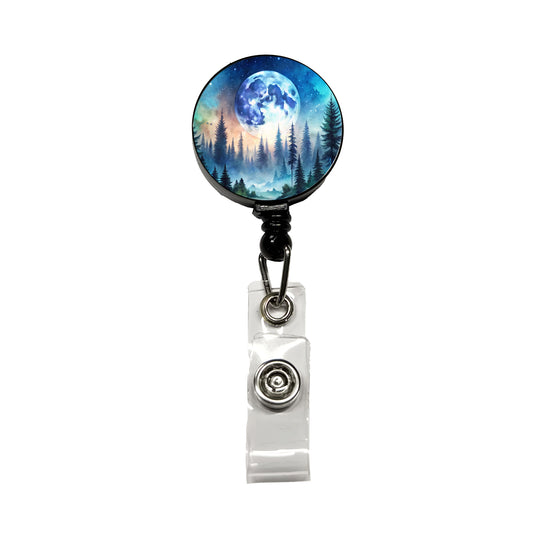 Fantasy Sci-fi World Moon Rising Over Forest Retractable ID Key Card Name Tag Badge Holder with Clip
