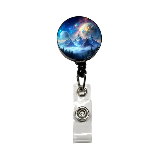Fantasy Sci-fi World Moons Rising Over Mountains Watercolor Retractable ID Key Card Name Tag Badge Holder with Clip