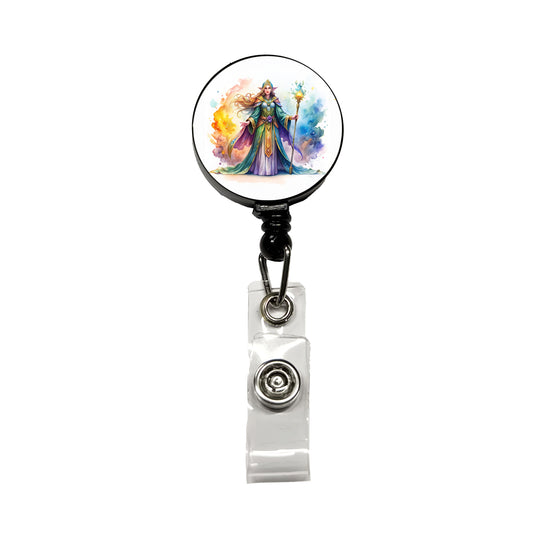 Fantasy Sorceress Colorful Magic Mana Watercolor Retractable ID Key Card Name Tag Badge Holder with Clip