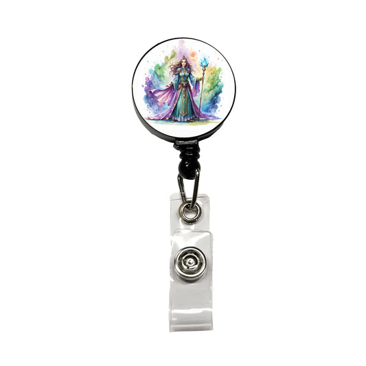 Fantasy Sorceress Purple Blue Magic Mana Watercolor Retractable ID Key Card Name Tag Badge Holder with Clip