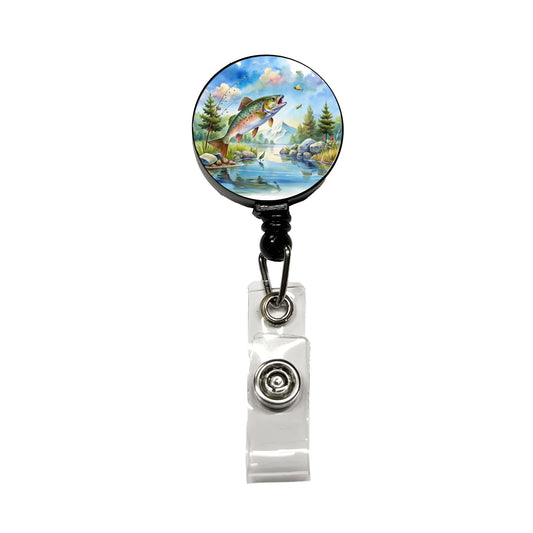 Fish Jumping Stream Lake Fishing Watercolor Retractable ID Key Card Name Tag Badge Holder with Clip