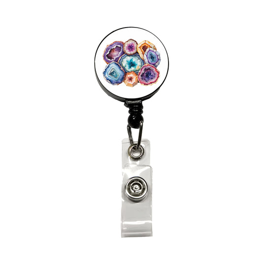 Geode Volcanic Crystals Cut Open Watercolor Retractable ID Key Card Name Tag Badge Holder with Clip