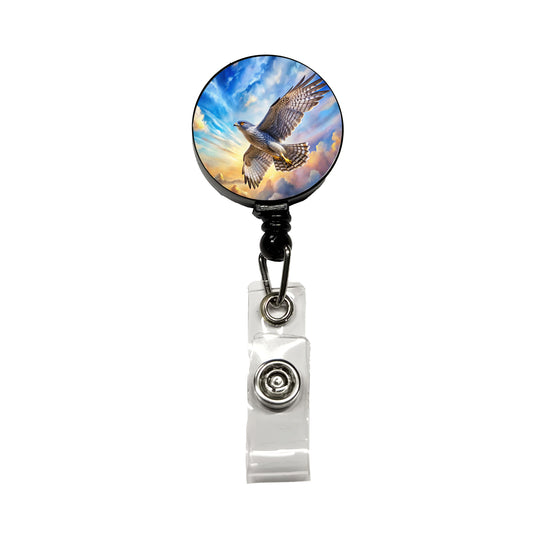 Goshawk Raptor Bird Of Prey In Flight Sky Clouds Watercolor Retractable ID Key Card Name Tag Badge Holder with Clip