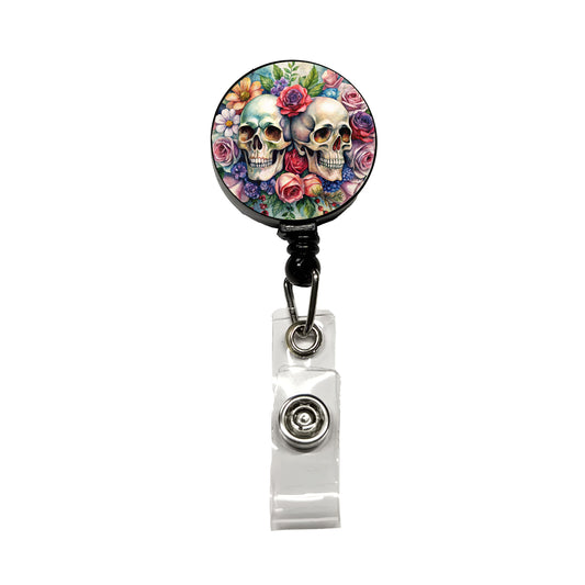 Gothic Skulls And Flowers Watercolor Retractable ID Key Card Name Tag Badge Holder with Clip