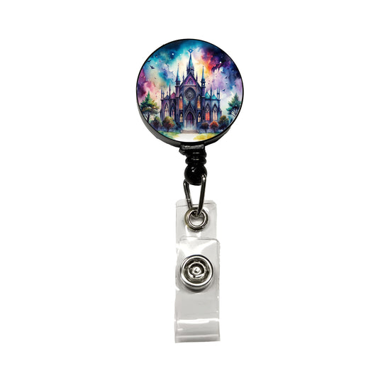 Gothic Style Church Watercolor Retractable ID Key Card Name Tag Badge Holder with Clip