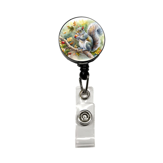 Gray Squirrel Eating Acorn In Tree Watercolor Retractable ID Key Card Name Tag Badge Holder with Clip