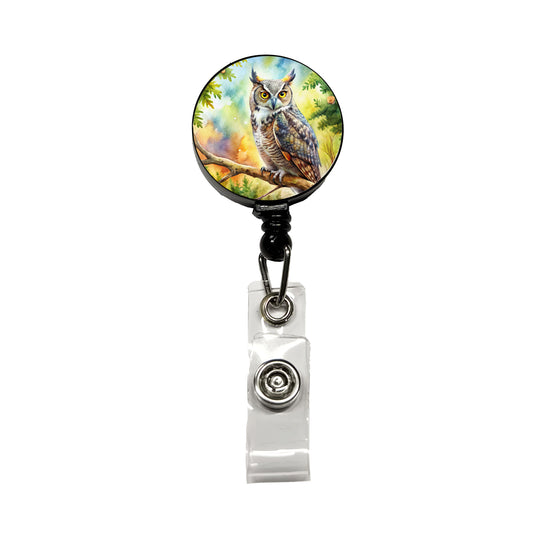 Great Horned Owl In Tree Watercolor Retractable ID Key Card Name Tag Badge Holder with Clip