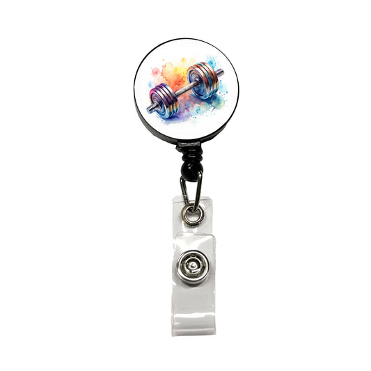 Gym Workout Dumbbells Weights Watercolor Retractable ID Key Card Name Tag Badge Holder with Clip
