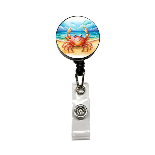 Happy Crab On The Tropical Beach Watercolor Retractable ID Key Card Name Tag Badge Holder with Clip