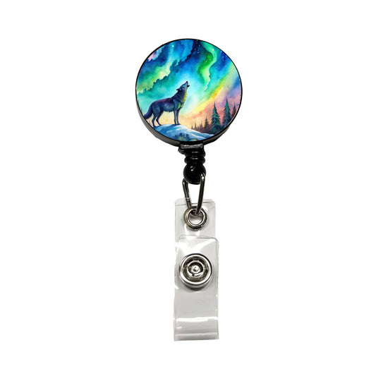 Howling Wolf And Northern Lights Watercolor Retractable ID Key Card Name Tag Badge Holder with Clip