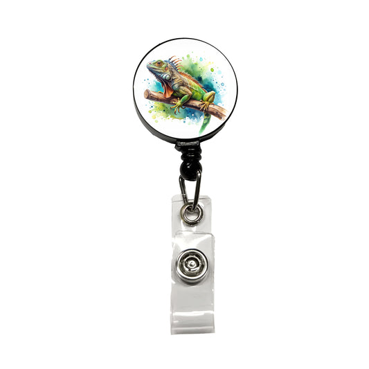 Iguana Lizard On Branch Reptile Watercolor Retractable ID Key Card Name Tag Badge Holder with Clip