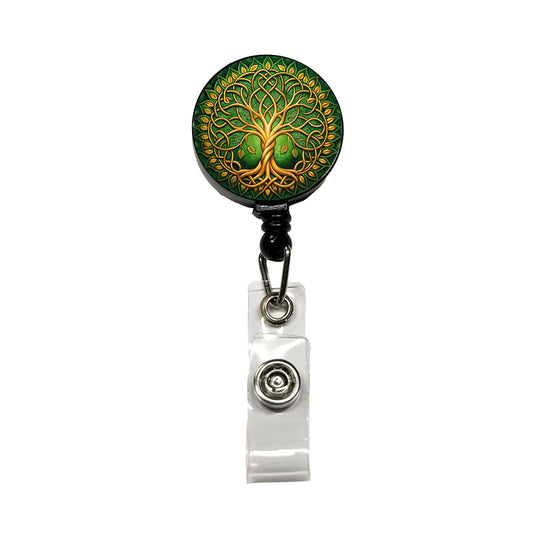 Irish Celtic Knot Tree Of Life Green And Golden Retractable ID Key Card Name Tag Badge Holder with Clip