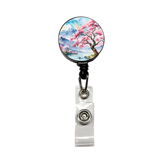 Japanese Cherry Blossom Tree Scene Watercolor Retractable ID Key Card Name Tag Badge Holder with Clip