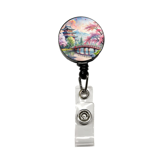 Japanese Scene With Bridge And Cherry Blossom Trees Watercolor Retractable ID Key Card Name Tag Badge Holder with Clip