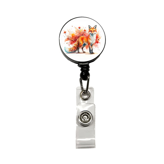 Kitsune Fox Asian Japanese Spirit Animal Folklore Watercolor Retractable ID Key Card Name Tag Badge Holder with Clip