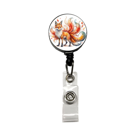 Kitsune Fox With Many Tails Asian Japanese Spirit Folklore Watercolor Retractable ID Key Card Name Tag Badge Holder with Clip