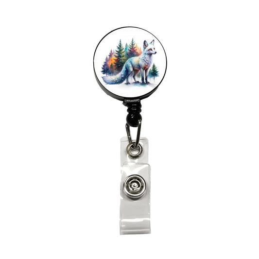 Kitsune White Fox Asian Japanese In Forest Watercolor Retractable ID Key Card Name Tag Badge Holder with Clip