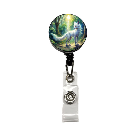 Kitsune White Fox Fantasy Japanese In Forest Watercolor Retractable ID Key Card Name Tag Badge Holder with Clip
