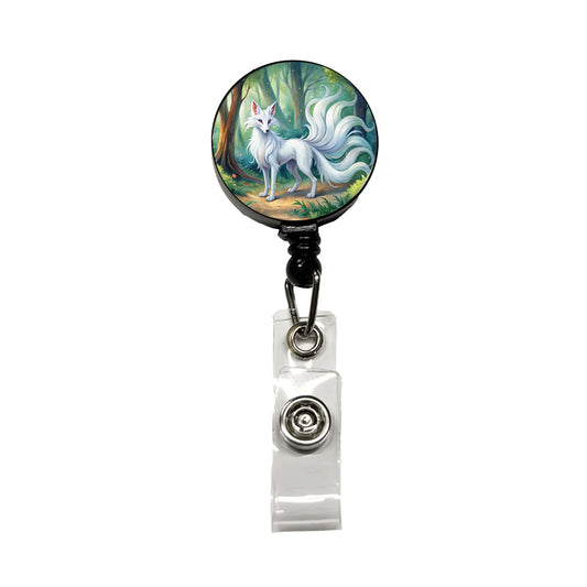 Kitsune White Fox With Many Tails Japanese Spirit Animal Watercolor Retractable ID Key Card Name Tag Badge Holder with Clip